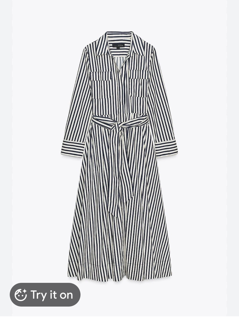 Zara Navy and White Striped Long-Sleeve Shirt Dress